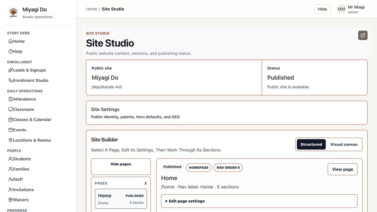 Gicho.tech OS Site Studio showing a published martial arts school website